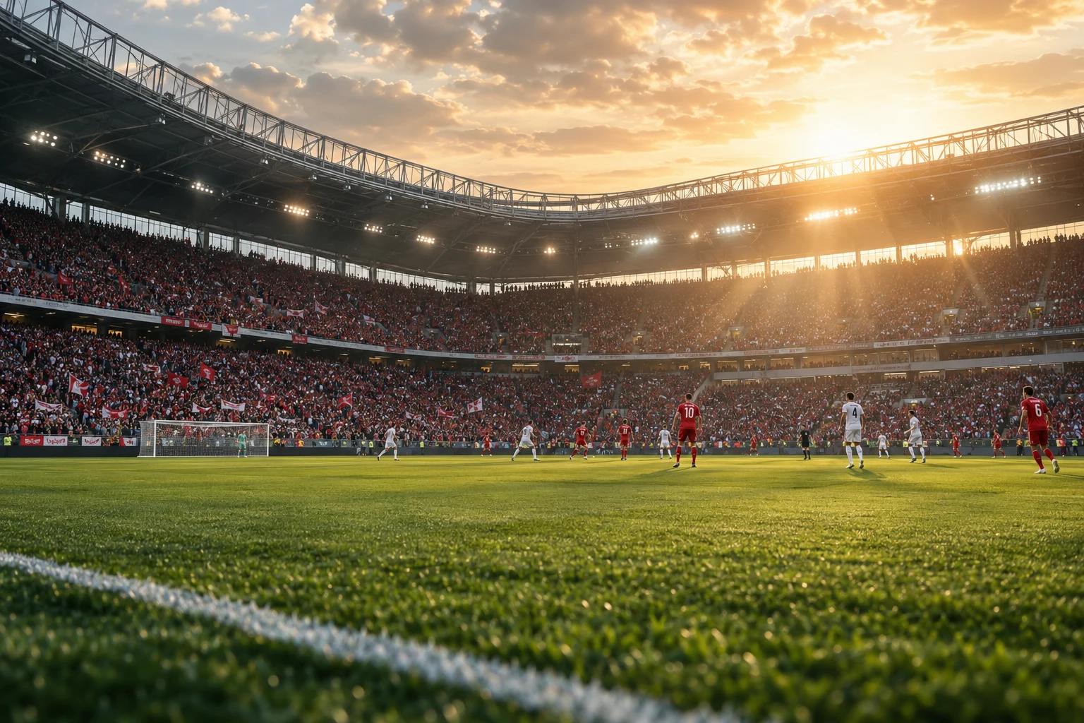 En opplyst fotballstadion med tilskuere på tribunene
